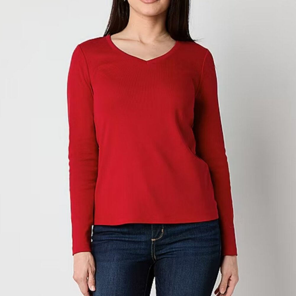 St. John's Bay Womens V Neck Long Sleeve T-Shirt